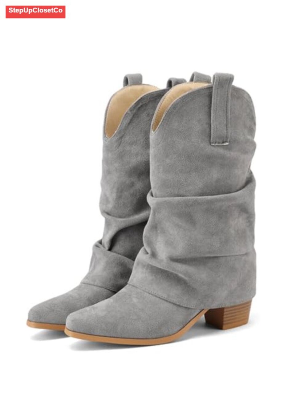 Fold Over Slouchy Mid Calf Chunky Block Heel Pointed Toe Boots